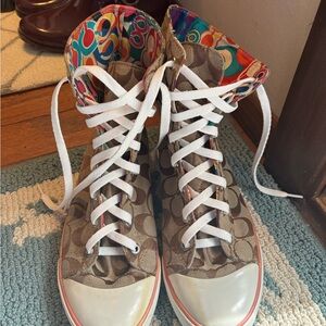Coach Beige Signature Canvas High-Top Sneakers with Multicolor Liner